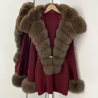OFTBUY Manteau en tricot pour femme, nouvelle collection, coupe ample, chaud, mode hiver, avec grande fourrure de renard véritable