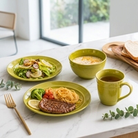 Service de table classique en grès vert olive 16 pièces - Écologique pour 4 personnes, comprenant assiettes, bols et tasses en céramique