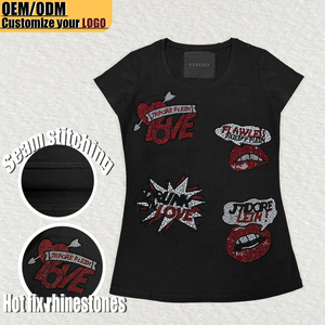 T-<span class=keywords><strong>shirt</strong></span> ajusté en coton épais respirant pour <span class=keywords><strong>femme</strong></span>, orné de strass, collection été, par un fabricant de vêtements haut de gamme - Product Image 1