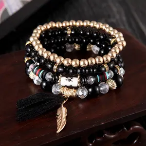 Style ethnique asiatique bohème Bracelets extensibles femmes multicouche Hippie Boho gland feuille Bracelets de perles Bracelet extensible en cristal