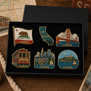 Set de pines esmaltados personalizados al por mayor de <span class=keywords><strong>San</strong></span> <span class=keywords><strong>Francisco</strong></span>: Caja de regalo con pines de la Puerta Dorada, teleférico, recuerdo turístico y insignias de la zona de la Bahía. - Product Image 1