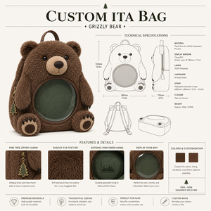 Sac à bandoulière extérieur personnalisé en forme d'ours grizzly mignon, sac Ita Kawaii en peluche shaggy avec fenêtre transparente ronde et breloque sapin - Product Image 1