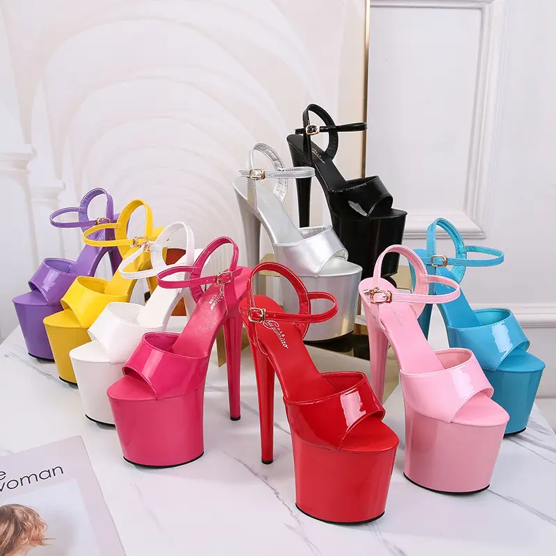 Fashion design high quality Lacquer Plus size leather 20cm high heel shoes waterproof platform super high heel women's sandals
