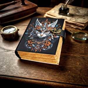 400 Pages Cat Leather Grimoire Journal Vintage Water Color Spell Book Multi Color Deckle Edge Paper Antique <b>Lock</b> - Product Image 1