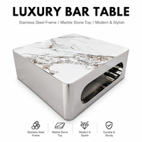 Table de bar haute carrée, comptoir de bar de luxe avec plateau en marbre et structure en acier inoxydable, table haute moderne pour club et lounge