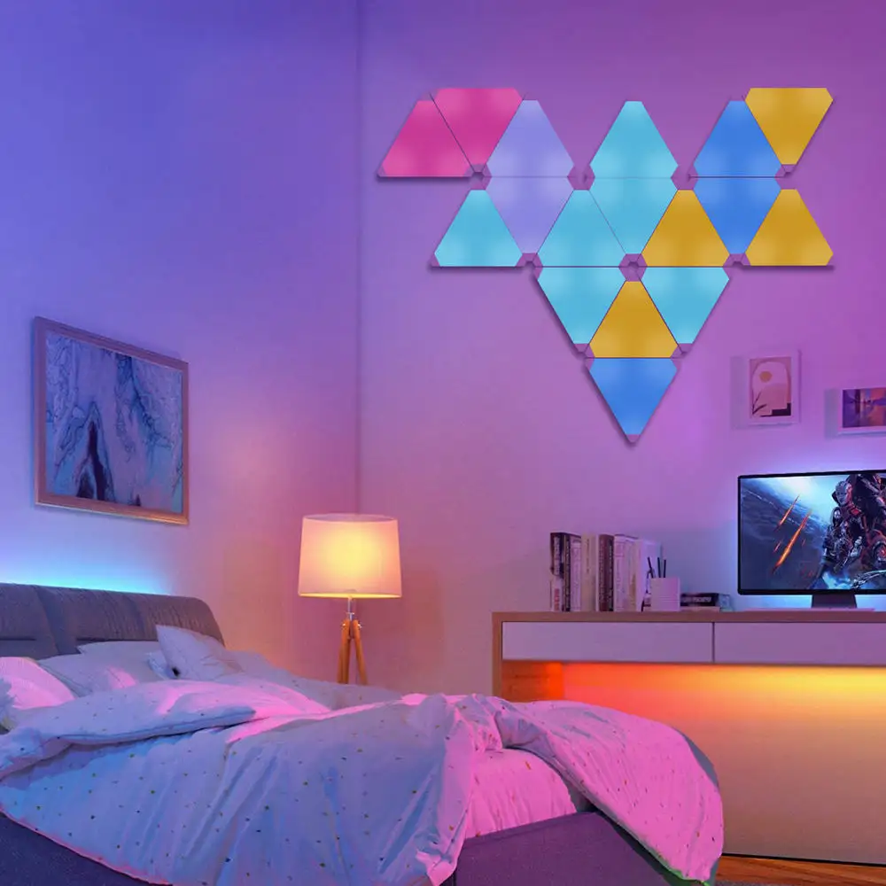 בית חכם אור DIY מוסיקה סנכרון RGB PXIEL חיבור APP בקרת משולש פנל אורות עובד עם Alexa וgg עוזר