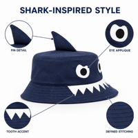 Chapeau Bob Requin Bleu Marine avec Yeux et Dents de Requin pour Usage Décontracté en Extérieur, Pêche et Voyage, Unisexe