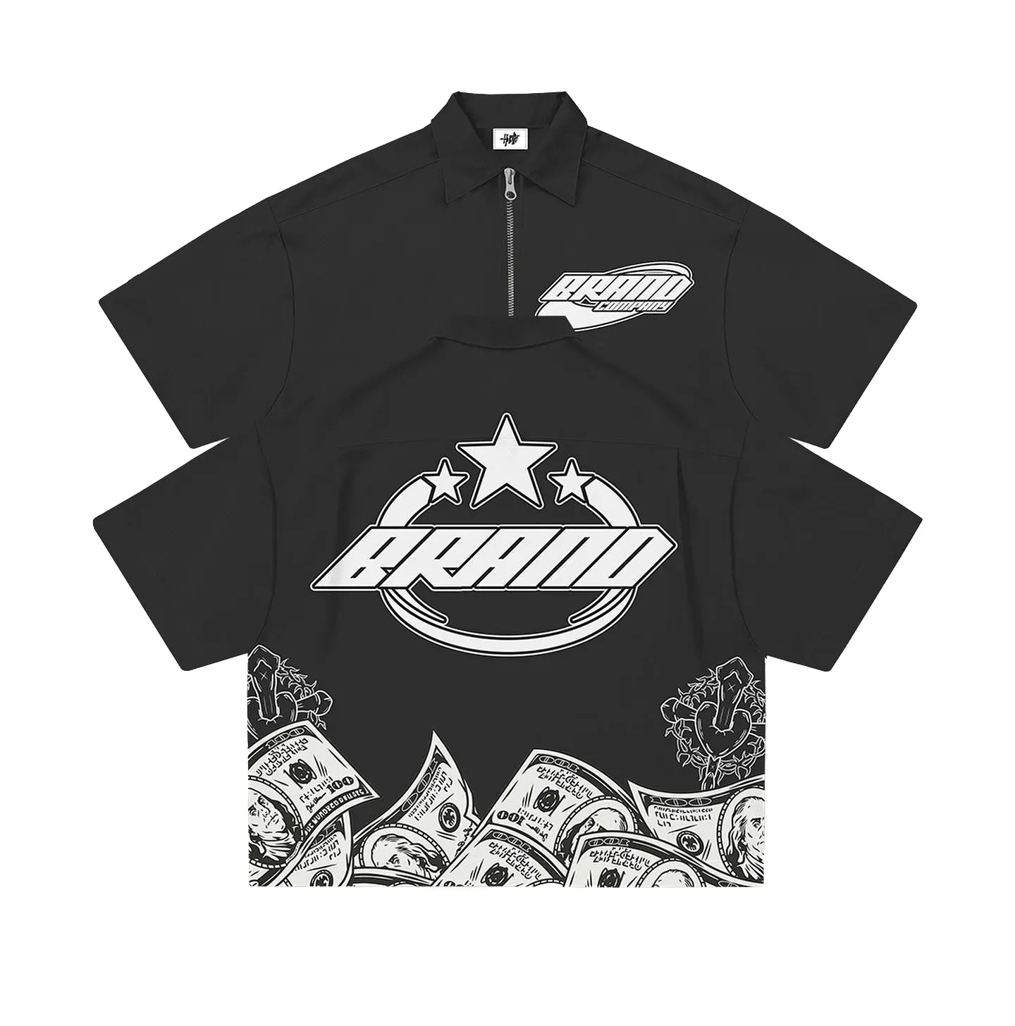 Kustom Logo mewah cetak Zip Up kebesaran kotak pria Y2k V-neck Streetwear kantong katun Polo T Shirt