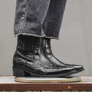Dropshipping Logo personalizzato all'ingrosso moda retrò <span class=keywords><strong>tacco</strong></span> <span class=keywords><strong>alto</strong></span> ricamato a punta chiusa stivaletti alla caviglia da <span class=keywords><strong>uomo</strong></span> <span class=keywords><strong>stivali</strong></span> Western Chukka - Product Image 4