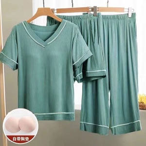 Women's Simple V-Neck <strong>Cropped</strong> Shorts <strong>Pyjamas</strong> with Breast Pad Elastic Waist Three-Piece Home Wear for Spring Summer - Product Image 3