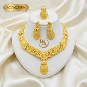 Vintage Gold Plated Brass Oval Floral Mesh Design Charm Necklaces Box <b>Chain</b> Jewelry set for African & Arabic Women's - Product Image 1