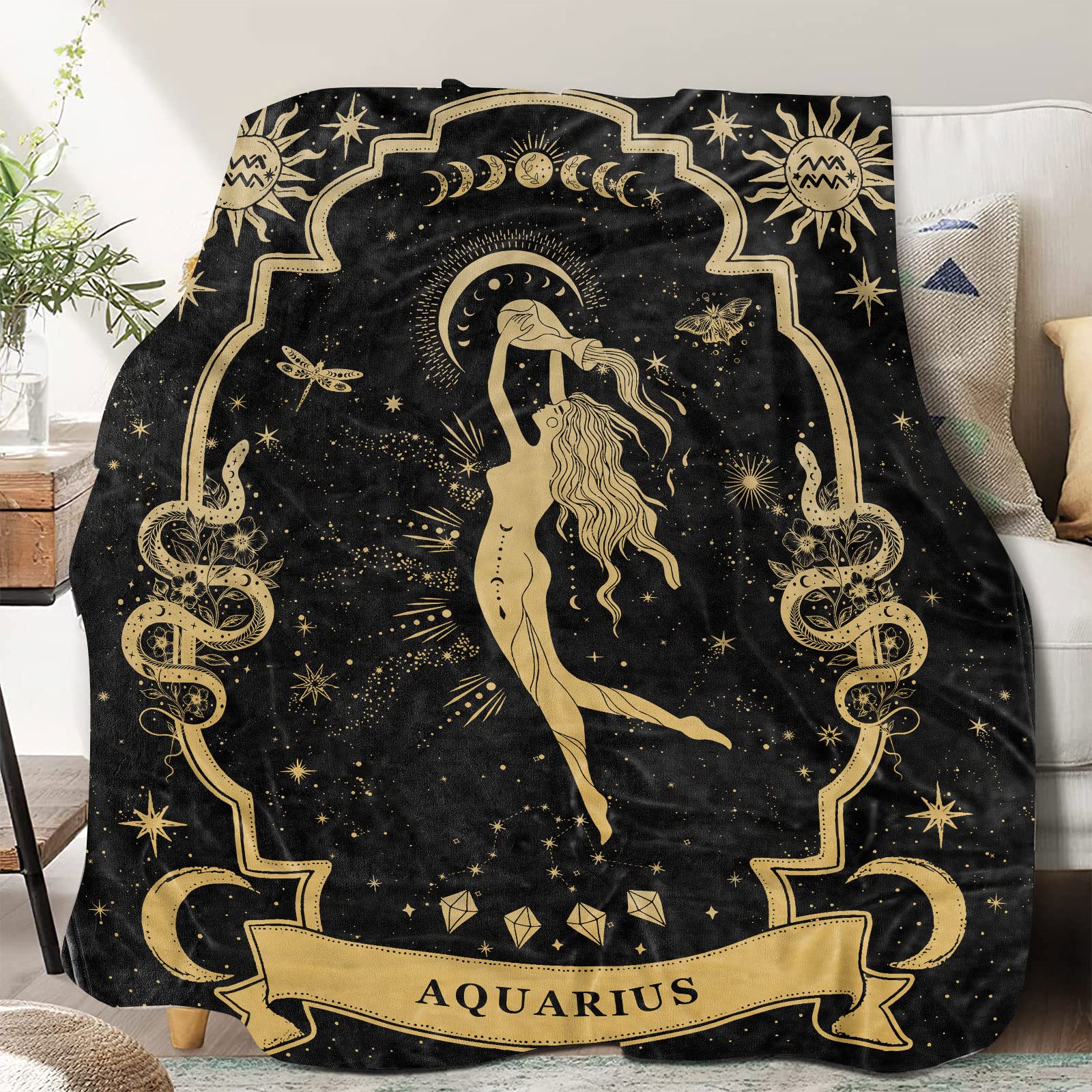Aquarius Gifts,Zodiac Blanket,Moon Constellation Throw Blanket Astrology Decor Witchy Aquarius Birthday Gift Gothic Soft Blanket
