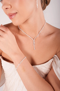 Bridal Jewelry <b>Set</b>-Sterling Silver Necklace <b>Bracelet</b> & Earrings with Moissanite Platinum Plated Y-Shape Design for Wedding - Product Image 3