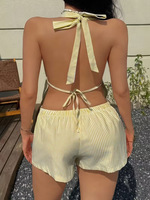 H2240 - Ensemble 2 pièces rayé pour femme, haut court à col en V et dos noué, short élastique à cordon de serrage, tenue d'été assortie pour la plage