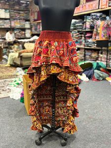 Bohemian Asymmetrical Maxi <b>Skirt</b> Women <b>Elastic</b> <b>Waist</b> Hand Embroidered Ruffles Geometric Pattern Breathable Cotton Ankle Length - Product Image 1