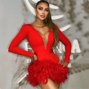 2023 Новое поступление красное платье с длинными рукавами и перьями сексуальное платье из вискозы высокого качества летнее винтажное пикантное коктейльное вечернее платье