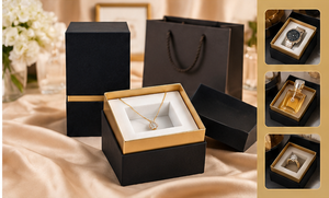 Boîte cadeau carrée noire avec bande dorée, couvercle amovible, insert renforcé, logo personnalisé, pour bijoux, cosmétiques, électronique, boîte cadeau de luxe - Product Image 4