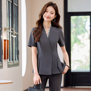 Women's Short Sleeve Suit Set V Neck Worsted Summer Office Lady Professional Workwear Anti Wrinkle Uniform - Product Image 1