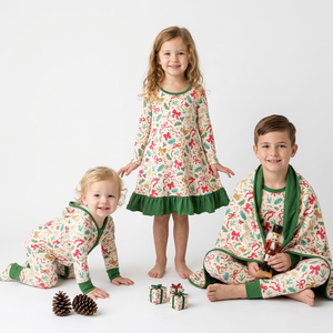 Ensemble de robes de Noël à manches longues pour filles, motif pin et nœud crème, vêtements de Noël pour sœurs et frères - Product Image 1