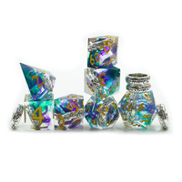 Dés à jouer en résine bleue personnalisés avec logo polyédrique, Dés à jouer pour Donjons et Dragons, Anneau en argent, Ensemble de dés D20, Anneau