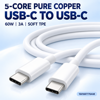 Kabel Data Pengisian Daya USB C ke USB C 5-Core Tembaga Murni 60W 3A TPE Lembut Pemasok Grosir