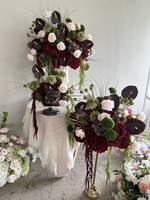 Arche de fleurs artificielles en soie bordeaux, arrangement floral mixte d'hortensias rouges et d'orchidées, fausse composition florale durable de haute qualité pour mariage