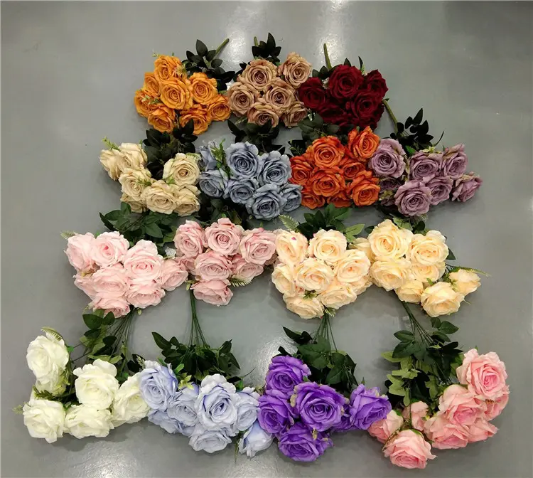 QSLH-C1251 En Gros Haute Qualité 9 Têtes de Soie Bouquet De Fleurs Fleur Artificielle Bouquet de Roses