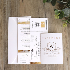 Inviti di Nozze Personalizzati con <span class=keywords><strong>Foto</strong></span> Stampata e Lamina Dorata a Caldo, Stile Passaporto con Busta Copri-Biglietto d'Imbarco - Product Image 1