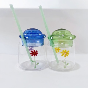 Verre à boire en verre soufflé à la main Jingyi, style nordique, bleu <span class=keywords><strong>royal</strong></span>, avec couvercle à pois floraux violets |   Paille réutilisable résistante à la chaleur sans BPA - Product Image 5
