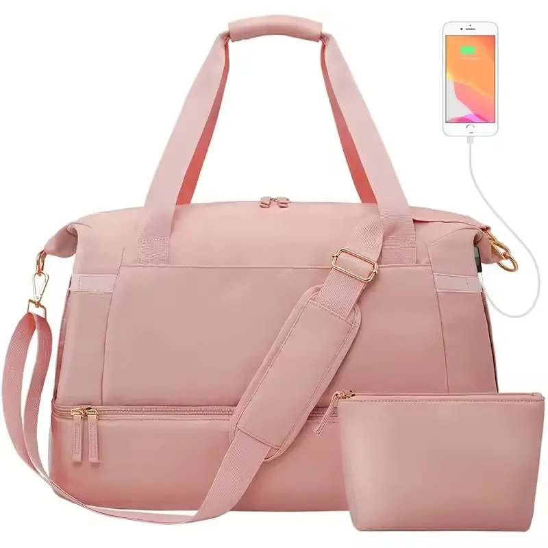 Bolsa de viagem com compartimento para sapatos, bolsa esportiva feminina com porta de carregamento USB, mochila de viagem para a noite