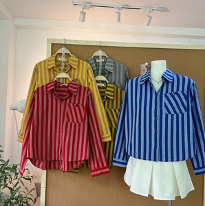 Chemise rayée mi-longue pour femme A769 en coton épais et structuré, coupe classique, printemps-été, chemisier en coton, vente flash - Product Image 1