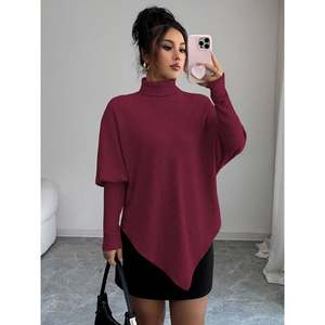 Pull poncho côtelé asymétrique d'hiver pour femme, col roulé, manches chauve-souris oversize, tricoté, manches longues, coupe ample, noir tendance - Product Image 5