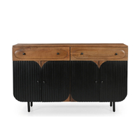 Buffet en bois à 2 tiroirs et 4 portes avec pieds en métal, finition noyer brun et tuyaux métalliques noirs / Meuble en bois de manguier