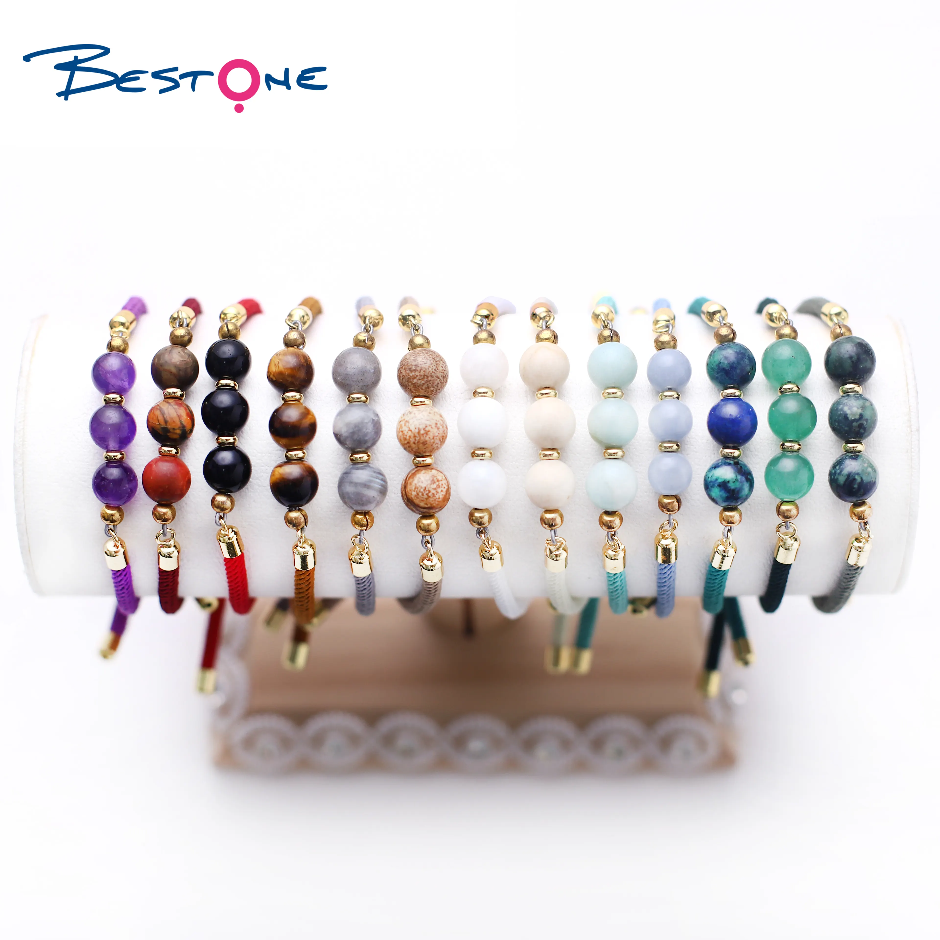 Bestone Custom Jewelry Natural Semi-precious Stone Beads Bracelets Adjustable Braided Colorful Nylon Rope Bracelet for Women