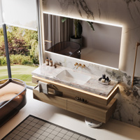 Meja Rias Kamar Mandi Mewah Modern Dengan Wastafel Batu Abu-abu Terintegrasi & Keran Dinding Emas, Kabinet Cermin LED Kustom, Kayu Gelap Model Gantung