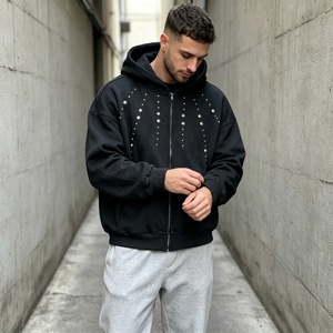 Sudadera con Capucha Negra para Hombre, con Cierre y Detalles de Pedrería, Estilo Vintage, de Alta Calidad, para Otoño - Product Image 2