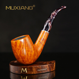 Muxiang Briarwood Smoking Pipe Bent Shape Flame Pattern Carved Wood Tobacco Pipe For Men - Product Image 1