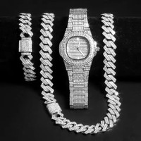 Montre à chaîne cubaine pour hommes Hip Hop Miami Curb Iced Out Paved Rhinestones Bling Rappeur Collier Montre + Bracelet Bijoux
