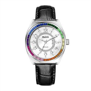 Montre de luxe en cuir véritable pour femme, avec zircon arc-en-ciel, boîtier poli, verre saphir, petit mouvement mécanique Miyota 6T15 - Product Image 1