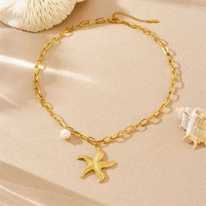 Gold Plated Starfish Pendant Necklace With Pearl Stainless Steel Chain Ocean Theme Fashion Jewelry Gift - Product Image 3