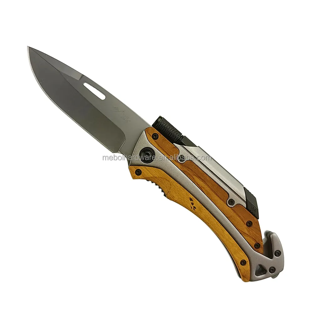 Multi function Wooden EDC pocket knife camping knife with knife sharpener torch glass breaker  belting cutting one handed