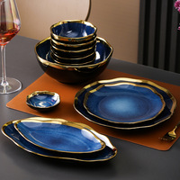Service de table en céramique nordique bleu rétro, vaisselle de luxe avec bordure dorée, vaisselle émaillée au four, assiette à steak, bol à soupe