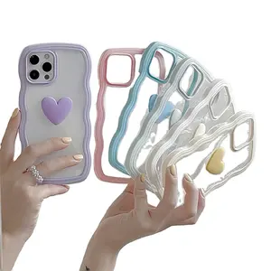 Cinta Hati bingkai bergelombang perlindungan penuh wanita lucu bening 3D Girly casing ponsel untuk Iphone 15 14 13 12 11 Pro Max