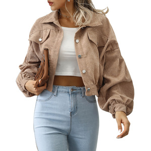 Veste décontractée en velours côtelé à revers pour <span class=keywords><strong>femme</strong></span>, style européen et américain, manches régulières, bouton unique, courte, 100 % polyester, collection automne-hiver - Product Image 5