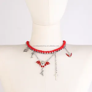 Scary Halloween Silver Elegant Red Bat Lace Gothic Dark Choker Necklace