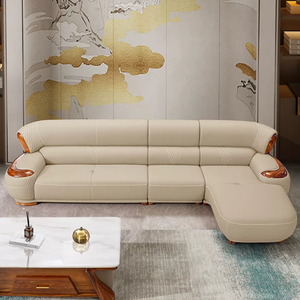 Canapé en cuir de vachette véritable de style européen, bois massif doré noble, mobilier de salon haut de gamme de luxe pour appartement et villa - Product Image 2