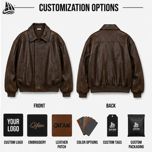 Full Zip up Turn Down Neck Vintage Casual Long Sleeve Oversized Baggy <strong>Brown</strong> <strong>Leather</strong> <strong>Jacket</strong> Boxy Bomber Pu <strong>Leather</strong> <strong>Jacket</strong> - Product Image 2