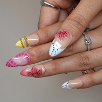 Offre Spéciale – Ongles Press-On Amande en Acrylique, Style Rétro Dynamique, Motif Pois Peints à la Main, Rayures Tigre, Fleur Rouge 3D et Perles Dorées – Taille Moyenne