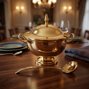Bol de service en métal plaqué or de luxe avec couvercle et louche, soupière polie - Product Image 3