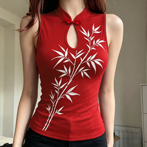 Oriental Solid <b>Frog</b> Button <b>Knitted</b> Cotton Spandex Turtleneck Tank Top Women Eco-Friendly Slim Fit Sexy & Club Daily - Product Image 2